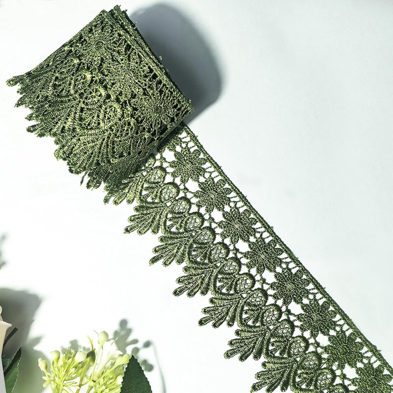 DKKUAYANGUP (Olive Green Floral Lace Trim - 5 Yards, 9cm Wide | Wedding Dress Embellishment, Gift Packaging, Party Decor | DIY Sewing & Craft Supplies - Image 1